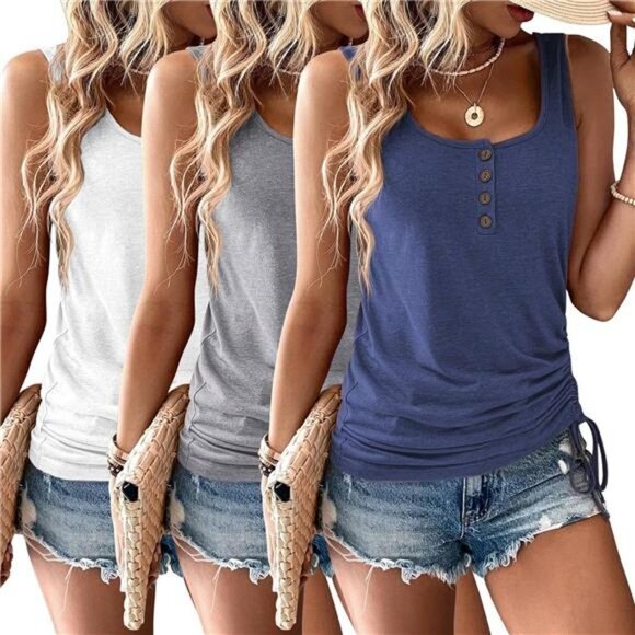 3 Pack Women Tank Tops U Neck Summer Casual Sleeveless Loose Button Casual - Picture 1 of 6